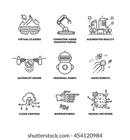 Future technology and robot artificial intelligence outline vector icons. Future machine in linear style, illustration new robot machine