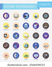 Future Technology rounded icons set. contain AI, algorithm, cloud, genome, nanobot, robot, bot, energy and more. Vector EPS 10 for print, digital UI, UX kit, web and app for technology, education.