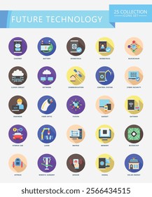 Future Technology rounded icons set. contain bot, blockchain, signal, fiber, cloud, chatbot, chip, server and more. Vector EPS 10 for print, digital UI, UX kit, web, app for technology, education.