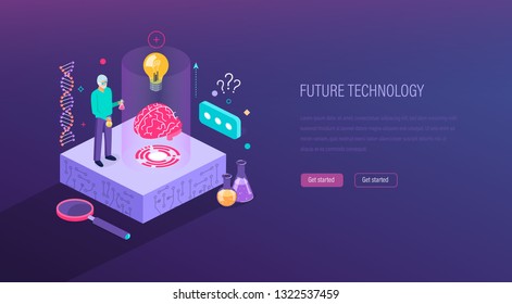 Future technology. Scientific laboratory, research, visualization of DNA, molecules, artificial intelligence system, digital technologies of future, robotics, chemical experiments. Isometric vector.