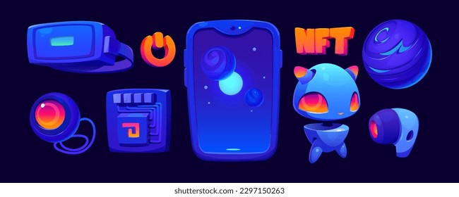 Future technology set with vr electronic device. Cartoon smartphone headset. Isolated virtual reality and metaverse smart product icon illustration. Neon cryptocurrency digital tech ui nft design