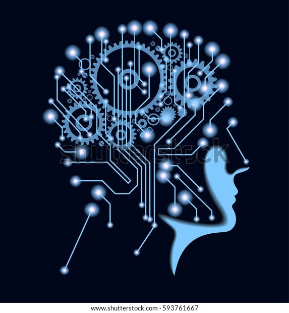 テクノロジーの未来 マザーボードとギアを持つ人間の頭のシルエット 人工知能 ベクター画像eps10のイラスト のベクター画像素材 ロイヤリティフリー