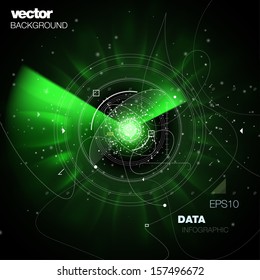 Future Technology Space Vector Background With Fine Details. High Tech Visionary Interface Dashboard With Space Flares And Tunneling Radial Blur Speed Effect. 