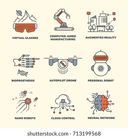 Future technology thin line concepts design. Innovation technology development, equipment virtual glasses and computer manufacturing. Vector illustration