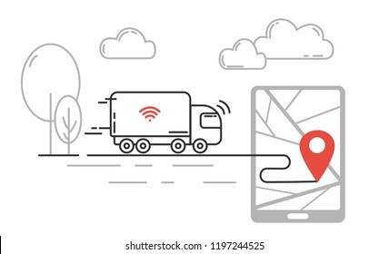 Future technology of transport - self driving truck moving by highway. Vector line illustration.