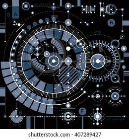 Future technology vector drawing, industrial wallpaper. Graphic illustration of engine or mechanism.
