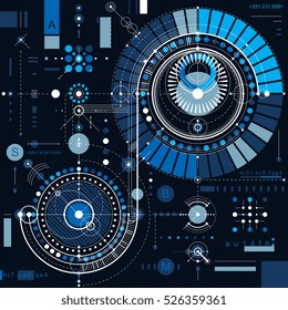 Future technology vector drawing, industrial wallpaper. Graphic illustration of engine or mechanism.