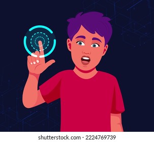 Future technology, virtual reality and cyberspace concept. Surprised face, amazement boy in glasses touching a virtual projection over neon blue illumination in dark room. Futuristic concept	
