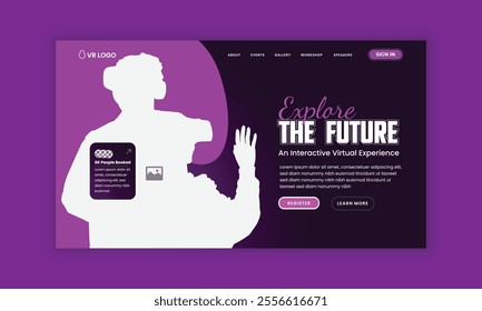 Future technology website landing page interface design or Virtual reality 3d game training workshop web design template