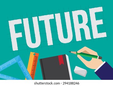 future -  text with stationary supplies. template poster. vector illustration