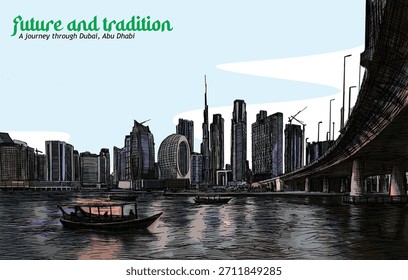 O futuro e a tradição, Uma viagem através de Dubai, Abu Dhabi Vetor Art