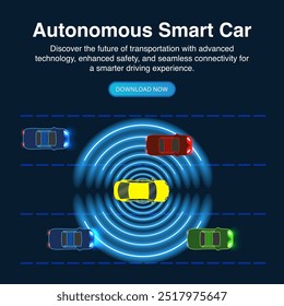 Illustration des zukünftigen Verkehrssystems: Draufsicht auf autonome Smart Cars mit GPS-Navigation und fahrerloser Fahrzeugtechnik