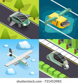Future transport 2x2 design concept set of flying and land transport scooter and funicular square icons isometric vector illustration  