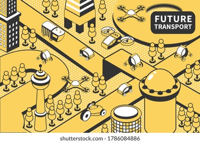 Composición isométrica del transporte futuro con paisajes al aire libre y vehículos automáticos en carreteras con árboles y edificios ilustraciones vectoriales