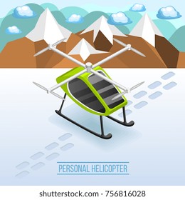 Future transport isometric winter background with personal helicopter parked on snow covered mountain landscape vector illustration 