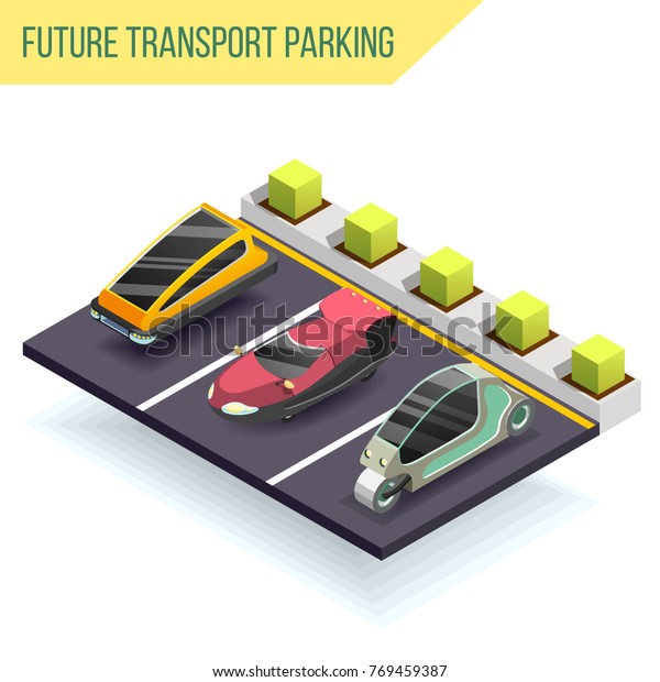 Future transport parking isometric design\
concept with three electric cars of fantastic shape near charger\
station vector\
illustration