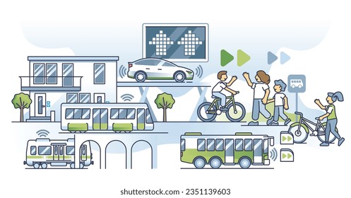 Future of transportation with green energy in modern society outline concept. Environmental infrastructure and sustainable public transportation with innovative self driven bus vector illustration.