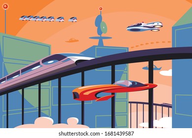 Future transportation in metropolis vector illustration. Futuristic cars and trains flying over city flat style concept. Modern cityscape on background