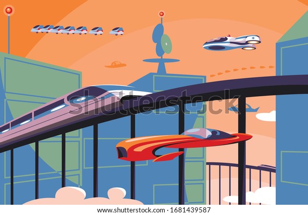 Future transportation in metropolis vector\
illustration. Futuristic cars and trains flying over city flat\
style concept. Modern cityscape on\
background