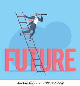 Future trends, business vision, searching for opportunities or leadership concept. Businessman is looking through monocular telescope and standing on ladder above text FUTURE in blue scene.