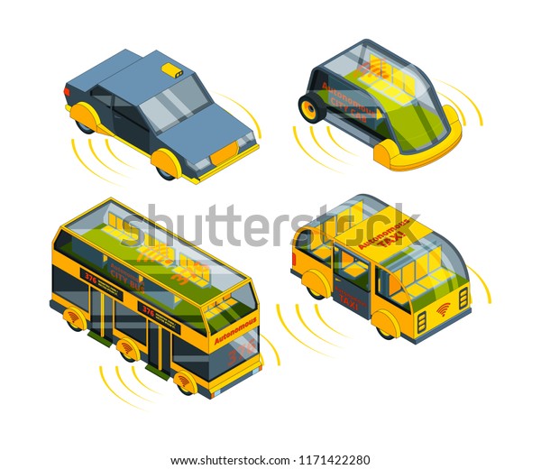 Future unmanned vehicle. Autonomous transport\
cars buses trucks and trains self control automotive robots system\
vector isometric. Illustration of auto transport automated\
collection