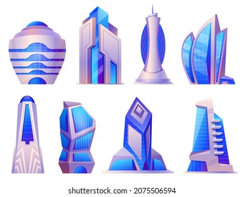 Future urban and alien city buildings, skyscrapers and office towers. Futuristic cyberpunk architecture, megalopolis skyscraper vector set. Smart technological town with innovative houses