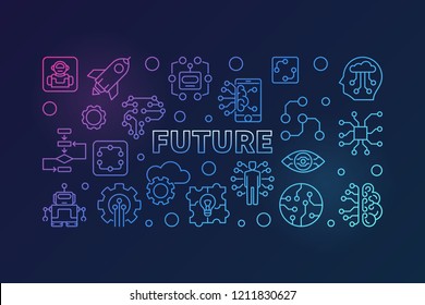 Future vector colorful illustration in thin line style. AI and innovation concept horizontal banner on dark background