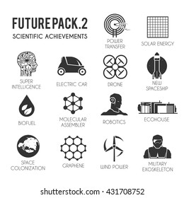 Future vector flat icons set. The technology of the future. Black and white design.