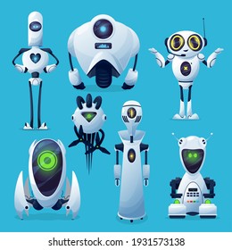 Future vector robots, alien robotic life or androids characters. Futuristic machines with artificial intelligence, sci-fi droids or flying drones with tentacles, evil and cute cyborg, ai assistant