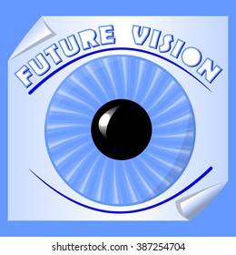 Future vision business emblem with blue iris and the pupil on paper with rolled corner, template for presentation slide, motivation training