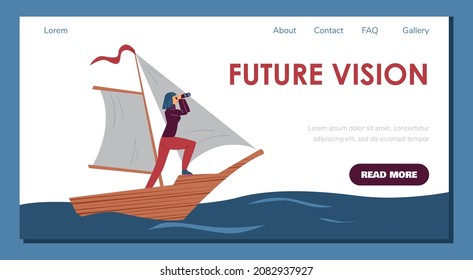 Future vision and business future goals concept of website page with business woman looking forward with spyglass, flat vector illustration. Business targets vision.