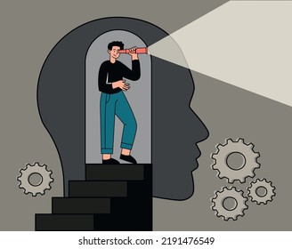 Future vision concept. Man with flashlight in abstract head silhouette. Planning, strategy development and goal setting, leadership. Entrepreneur or businessman. Cartoon flat vector illustration