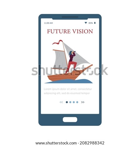 Future vision and e goals onboarding page mockup with business woman looking forward with spyglass, flat vector illustration. Business vision and strategy of growth.