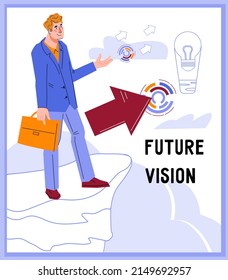 Future Vision Of Opportunities, Chances And Achievement Of Goals. Looking To Future Plans To Achieve Success And Pinnacle Of Career, Flat Vector Illustration For Banner For Website.