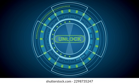 The future visual interface of a virtual lock from a database or files. Access and data protection lock and key. Access granted.