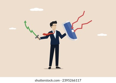 Future wealth management, inflation protection from stock market crash, market decline concept, businessman investor holding shield to protect from red arrow bow and holding sword rising chart.