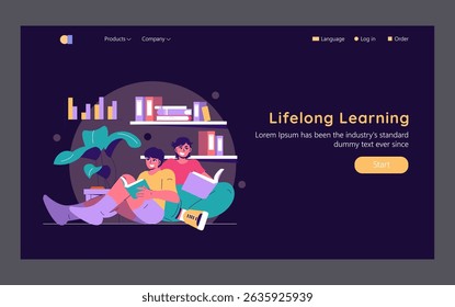 Conceito de futuro do trabalho. Aprendizagem ao longo da vida retratada com indivíduos envolvidos na leitura em conjunto. Destaca a importância da educação e colaboração contínuas num ambiente moderno. Vetor