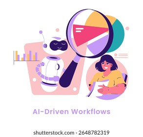 Future of work involves AI-driven workflows enhancing productivity and efficiency. It illustrates collaboration between humans and technology, showcasing data analysis and innovation in a modern