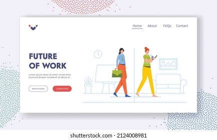 Future Of Work Landing Page Template. Female Character Hybrid Work, Woman At Separated Area Office And Home Interior Wear Formal Suit And Domestic Clothes, Working. Cartoon People Vector Illustration