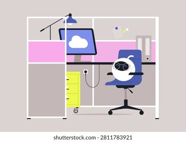 Future of work, A relaxed robot occupies a modern office cubicle once meant for humans, symbolizing AI taking over workplace roles in a playful yet unsettling critique of automation