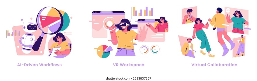 Future of Work set. AI-driven workflows, VR workspace, and virtual collaboration concepts illustrated vibrantly. Dynamic interactions in modern workplaces.