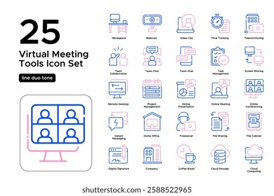 Future of Work and Virtual Offices. Flexible Workspaces, Remote Access, and Digital Solutions. Vector Illustration. Oultine duo tone icon set