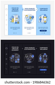 Future worksite design onboarding vector template. Responsive mobile website with icons. Web page walkthrough 3 step screens. Corporate wellness night and day mode concept with linear illustrations