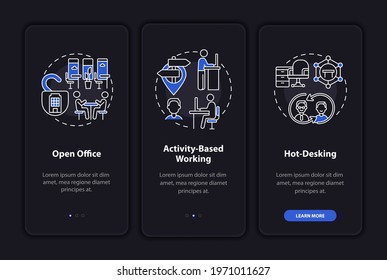 Future worksite environs onboarding mobile app page screen with concepts. Openness, hot desk walkthrough 3 steps graphic instructions. UI, UX, GUI vector template with linear night mode illustrations