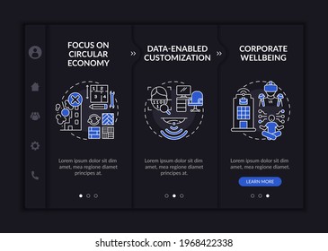 Future workspace design onboarding vector template. Responsive mobile website with icons. Web page walkthrough 3 step screens. Circular economy, network night mode concept with linear illustrations