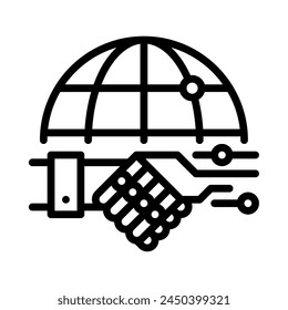 Future world icon. Human and Robot handshake with global. Outline style. Vector. Isolate on white background.