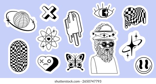 Future y2k sticker set - wireframe globe with orbit, melting popsicle, checkered pills, pixel heart, butterfly and bearded philosopher with planetary rings and smiling face for retro digital aesthetic