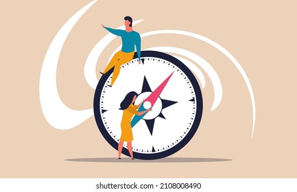 Future young team with compass direction and leader visionary. Woman with man concept business vector illustration. Planning guide people and vision way. Navigation pointer to career. Right target 