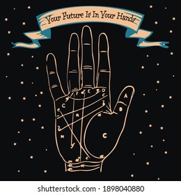 The future is in your hands, palmistry, vector palm reading, stars background, hand drawn vector banner.