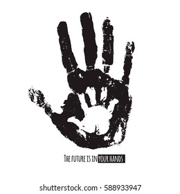 Future in your hands social illustration. Handprint of an adult and a child. Vector black and white illustration. Parenting creative design